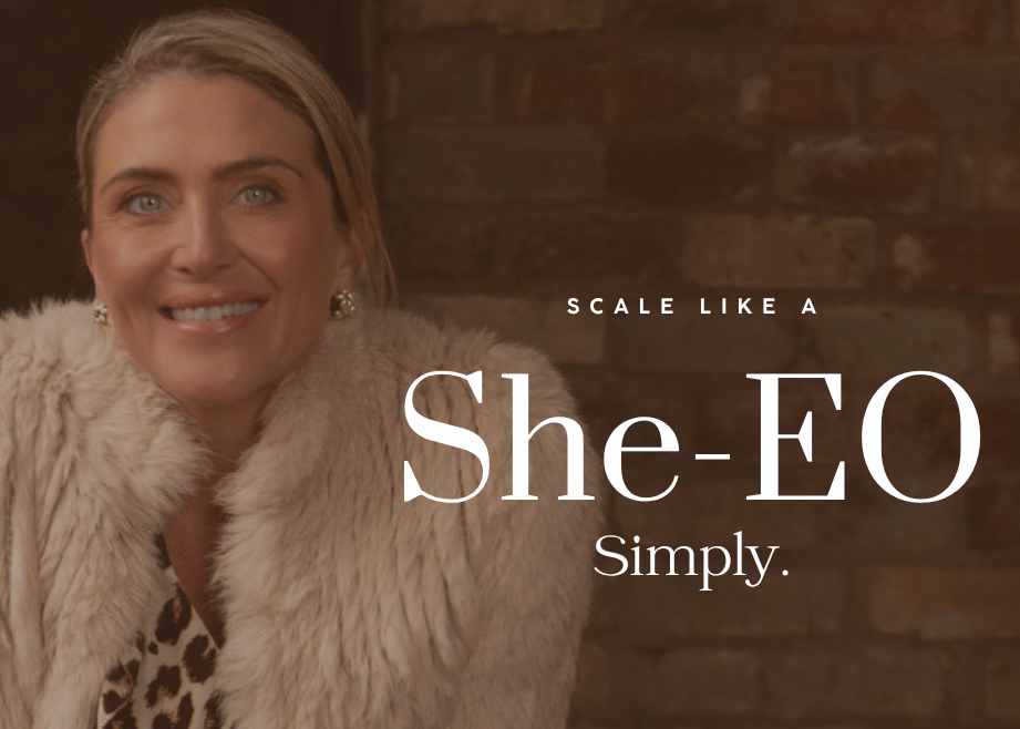Felicity Pascoe in a fur coat with promotional text for a masterclass on scaling as a she-EO.
