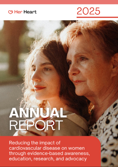 Cover of 'Her Heart' 2025 Annual Report featuring two women outdoors.