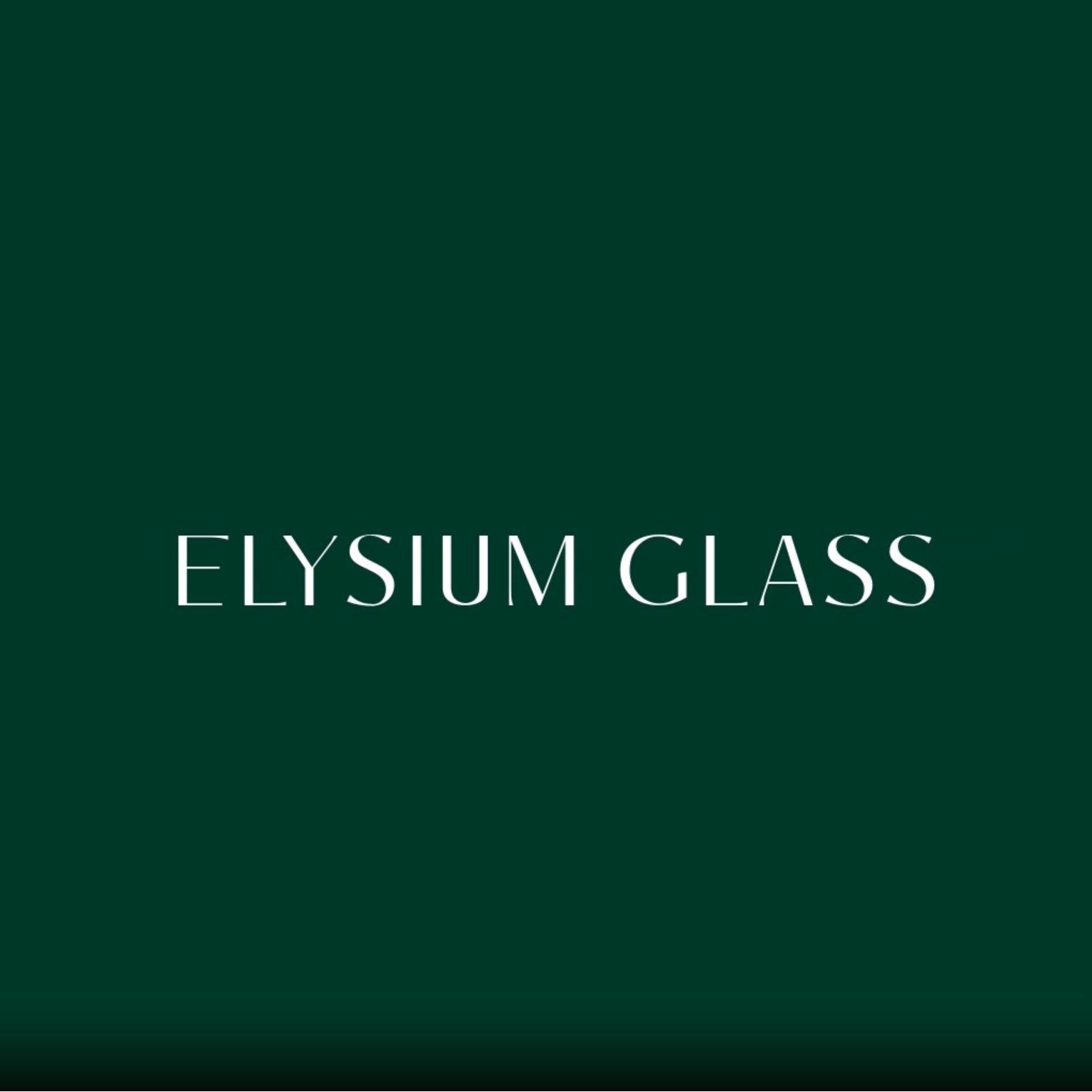 A dark green title slide or video screen with the text 'ELYSIUM GLASS' centered in white serif lettering, with a white interface header and logo at the top.