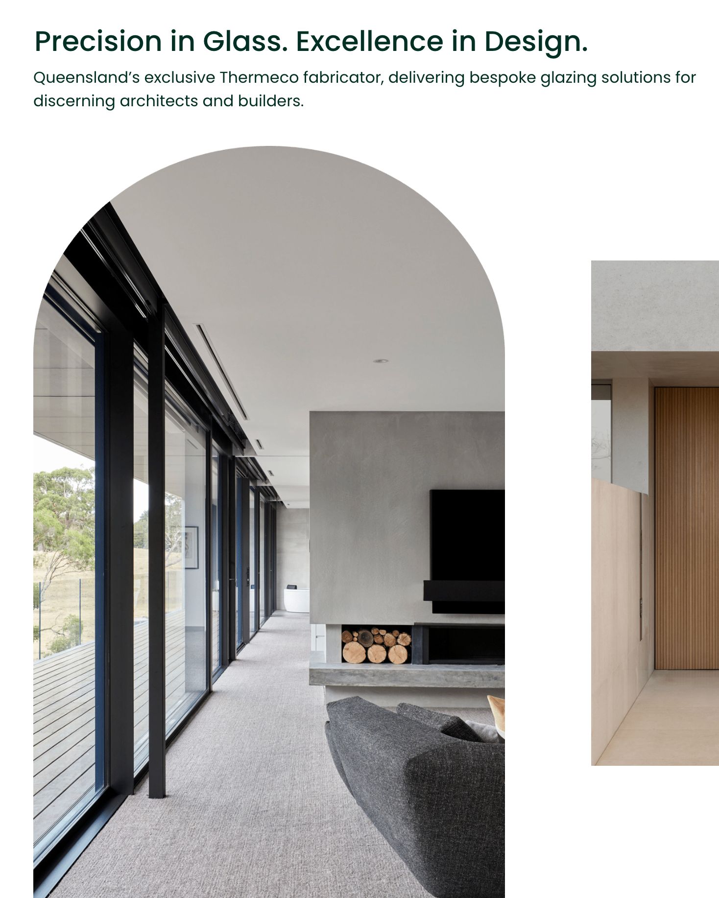 A promotional graphic with the text 'Precision in Glass. Excellence in Design.