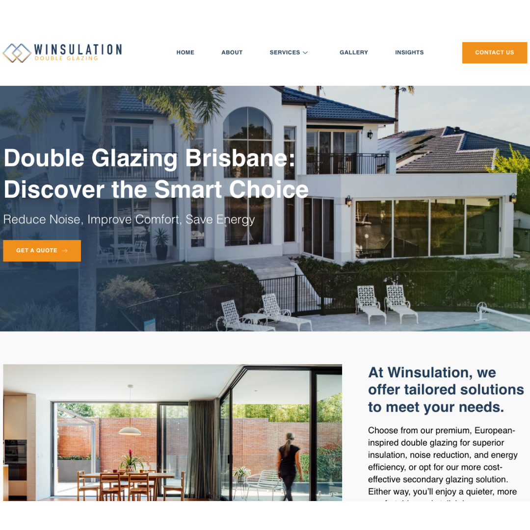 A website homepage for Winsulation House Cladding, featuring a large hero banner with a modern house in Brisbane, white text, and an orange 'Get a Quote' button. Below is a section with text and two small interior/yard photos.
