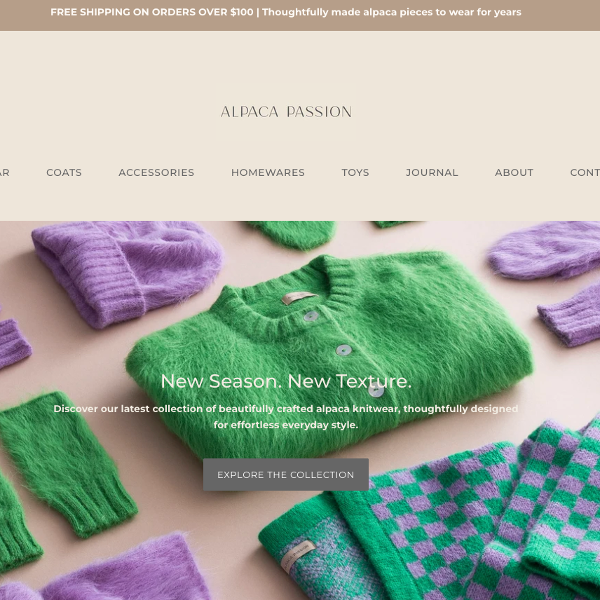 A screenshot of an e-commerce website for 'ALPACA PASSION', showing a collection of fuzzy knitwear including a green sweater, purple socks, and a green-and-purple checkered cardigan, displayed on a beige background.